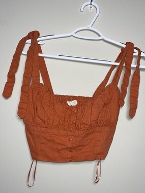 Altar’d State S Deep Orange Tie Sleeve Button Front Linen Blend Smocked Crop Top